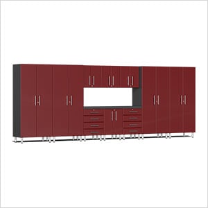 11-Piece Garage Cabinet Kit with Channeled Worktop in Ruby Red Metallic