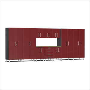 11-Piece Garage Cabinet Kit with Bamboo Worktop in Ruby Red Metallic