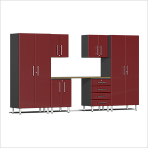 7-Piece Garage Cabinet Kit with Bamboo Worktop in Ruby Red Metallic