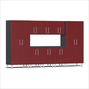 9-Piece Garage Cabinet Kit with Channeled Worktop in Ruby Red Metallic