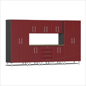 9-Piece Garage Cabinet Kit with Bamboo Worktop in Ruby Red Metallic