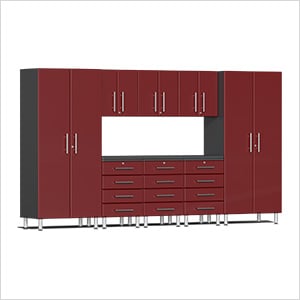 9-Piece Garage Cabinet Kit with Channeled Worktop in Ruby Red Metallic