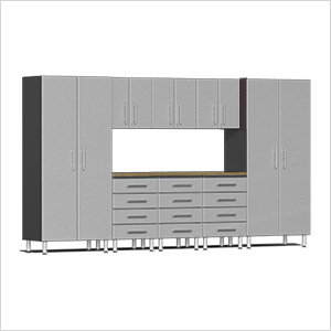 9-Piece Garage Cabinet Kit with Bamboo Worktop in Stardust Silver Metallic