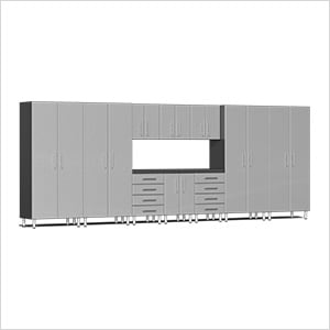 11-Piece Garage Cabinet Kit with Channeled Worktop in Stardust Silver Metallic