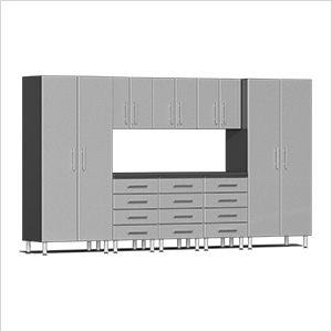 9-Piece Garage Cabinet Kit with Channeled Worktop in Stardust Silver Metallic