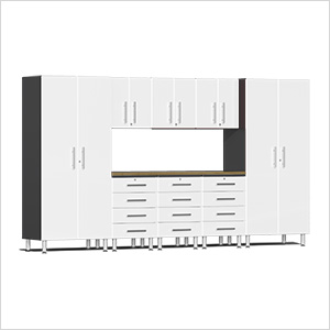 9-Piece Garage Cabinet Kit with Bamboo Worktop in Starfire White Metallic