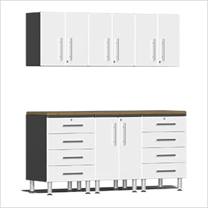 7-Piece Garage Cabinet Kit with Bamboo Worktop in Starfire White Metallic