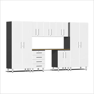 8-Piece Garage Cabinet Kit with Bamboo Worktop in Starfire White Metallic