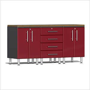 4-Piece Garage Workstation Kit with Bamboo Worktop in Ruby Red Metallic