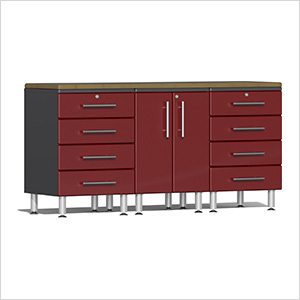 4-Piece Garage Workstation Kit with Bamboo Worktop in Ruby Red Metallic