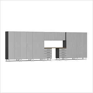 11-Piece Garage Cabinet Kit with Channeled Worktop in Stardust Silver Metallic