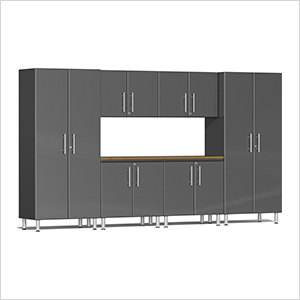 7-Piece Garage Cabinet Kit with Bamboo Worktop in Graphite Grey Metallic