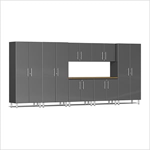 8-Piece Garage Cabinet Kit with Bamboo Worktop in Graphite Grey Metallic