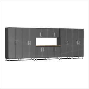 9-Piece Garage Cabinet Kit with Bamboo Worktop in Graphite Grey Metallic