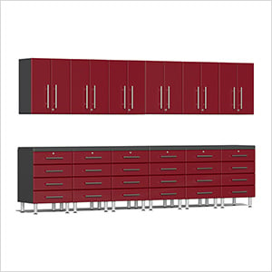 14-Piece Garage Cabinet Kit with 2 Channeled Worktops in Ruby Red Metallic