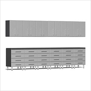 14-Piece Garage Cabinet Kit with 2 Channeled Worktops in Stardust Silver Metallic