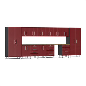 15-Piece Garage Cabinet Kit with Bamboo Worktop in Ruby Red Metallic