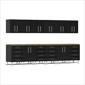 14-Piece Garage Cabinet Kit with Bamboo Worktops in Midnight Black Metallic