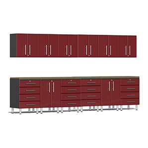 14-Piece Cabinet Kit with Bamboo Worktops in Ruby Red Metallic