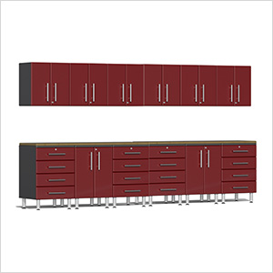 14-Piece Garage Cabinet Kit with Bamboo Worktops in Ruby Red Metallic