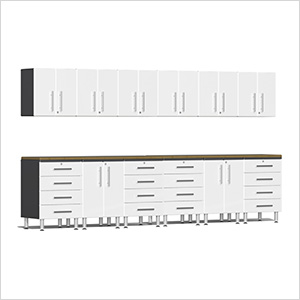 14-Piece Garage Cabinet Kit with Bamboo Worktops in Starfire White Metallic