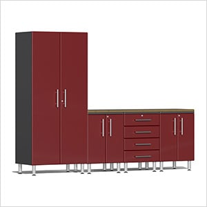 5-Piece Garage Cabinet Kit with Bamboo Worktop in Ruby Red Metallic