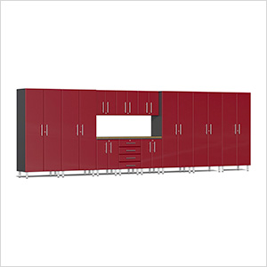 12-Piece Garage Cabinet Kit with Bamboo Worktop in Ruby Red Metallic