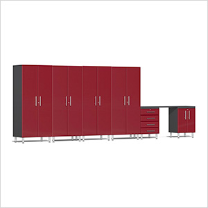 7-Piece Garage Cabinet Kit with Channeled Worktop in Ruby Red Metallic