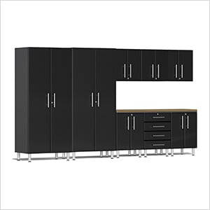 9-Piece Garage Cabinet Kit with Bamboo Worktop in Midnight Black Metallic