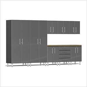 9-Piece Garage Cabinet Kit with Bamboo Worktop in Graphite Grey Metallic