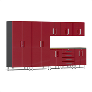 9-Piece Garage Cabinet Kit with Bamboo Worktop in Ruby Red Metallic