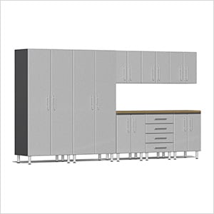 9-Piece Garage Cabinet Kit with Bamboo Worktop in Stardust Silver Metallic