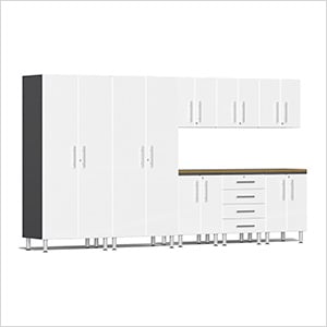 9-Piece Garage Cabinet Kit with Bamboo Worktop in Starfire White Metallic