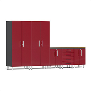 6-Piece Garage Cabinet Kit with Bamboo Worktop in Ruby Red Metallic