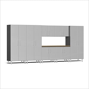 8-Piece Garage Cabinet Kit with Bamboo Worktop in Stardust Silver Metallic