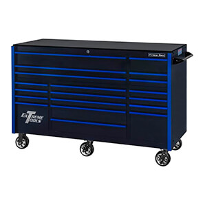 RX Series 72-Inch Black 19-Drawer Roller Cabinet with Blue Trim