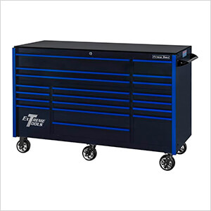 RX Series 72-Inch Black 19-Drawer Roller Cabinet with Blue Trim