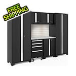 NewAge Garage Cabinets BOLD Series Black 7-Piece Set with Stainless Top, Backsplash, LED Lights