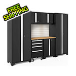 NewAge Garage Cabinets BOLD Series Black 7-Piece Set with Bamboo Top, Backsplash, LED Lights