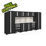 NewAge Garage Cabinets BOLD Series Black 12-Piece Set with Stainless Top, Backsplash, LED Lights