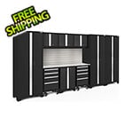 NewAge Garage Cabinets BOLD Series Black 10-Piece Set with Stainless Top, Backsplash, LED Lights