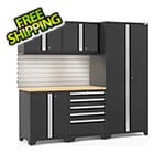 NewAge Garage Cabinets PRO Series Black 6-Piece Set with Bamboo Top, Slatwall and LED Lights