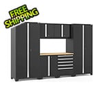 NewAge Garage Cabinets PRO Series Black 7-Piece Set with Bamboo Top and LED Lights