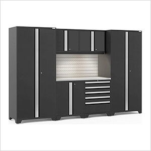 PRO Series Black 7-Piece Set with Stainless Steel Top, Slatwall and LED Lights