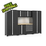 NewAge Garage Cabinets PRO Series Black 7-Piece Set with Bamboo Top, Slatwall and LED Lights