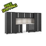 NewAge Garage Cabinets PRO Series Black 8-Piece Set with Stainless Steel Top, Slatwall and LED Lights