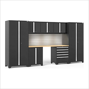 PRO Series\  Black 8-Piece Set with Bamboo Top, Slatwall and LED Lights