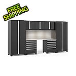 NewAge Garage Cabinets PRO Series 3.0 Black 8-Piece Set with Stainless Steel Top, Slatwall and LED Lights