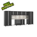 NewAge Garage Cabinets PRO Series Black 10-Piece Set with Stainless Top, Slatwall and LED Lights