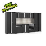 NewAge Garage Cabinets PRO Series Black 9-Piece Set with Stainless Steel Top, Slatwall and LED Lights